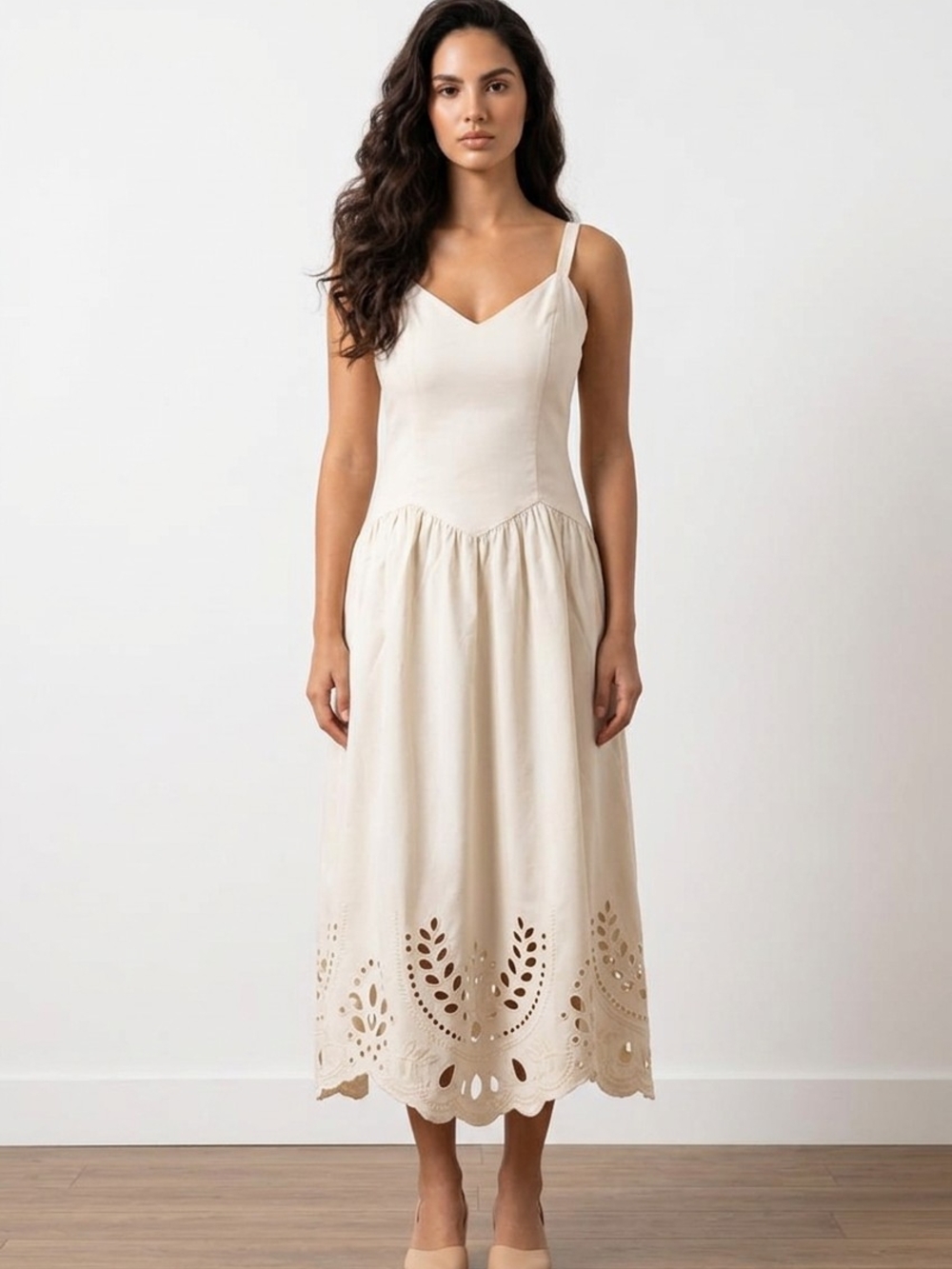 Classic Cream Eyelet Midi Dress with Adjustable Straps NWOT